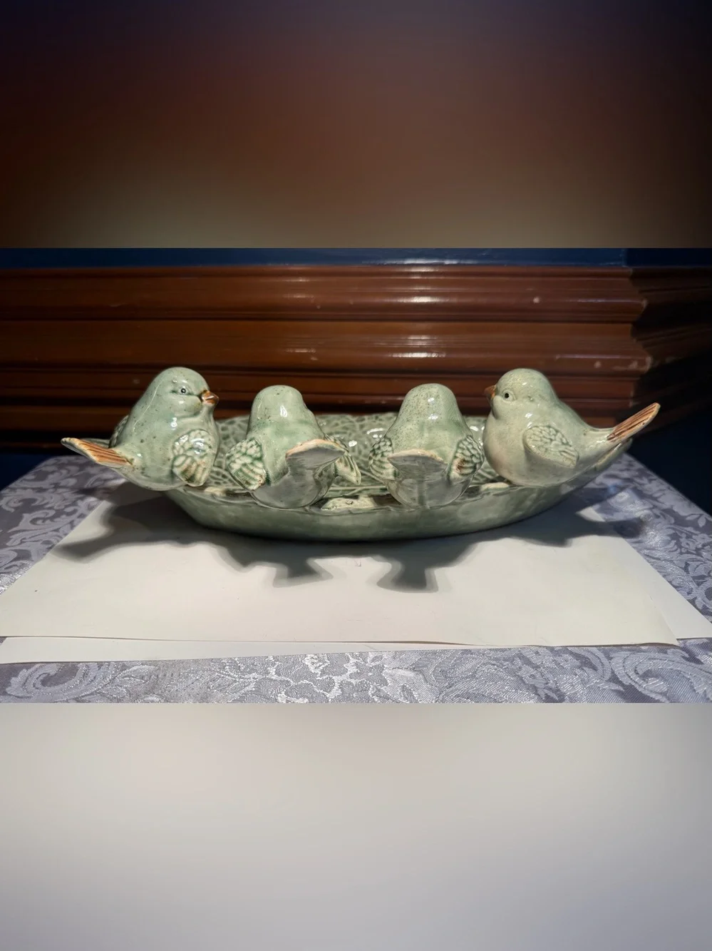 Boston International ceramic tray rustic green leaf design with 4 perched birds